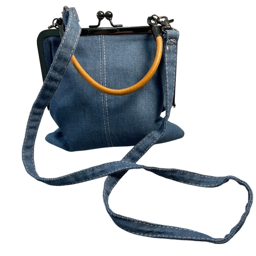 Womens Small Blue Denim Kiss Lock Crossbody Top Handle Bag Retro Lined Pockets